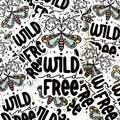 Pattern with text 'Wild and Free' and stylized moths on a light background