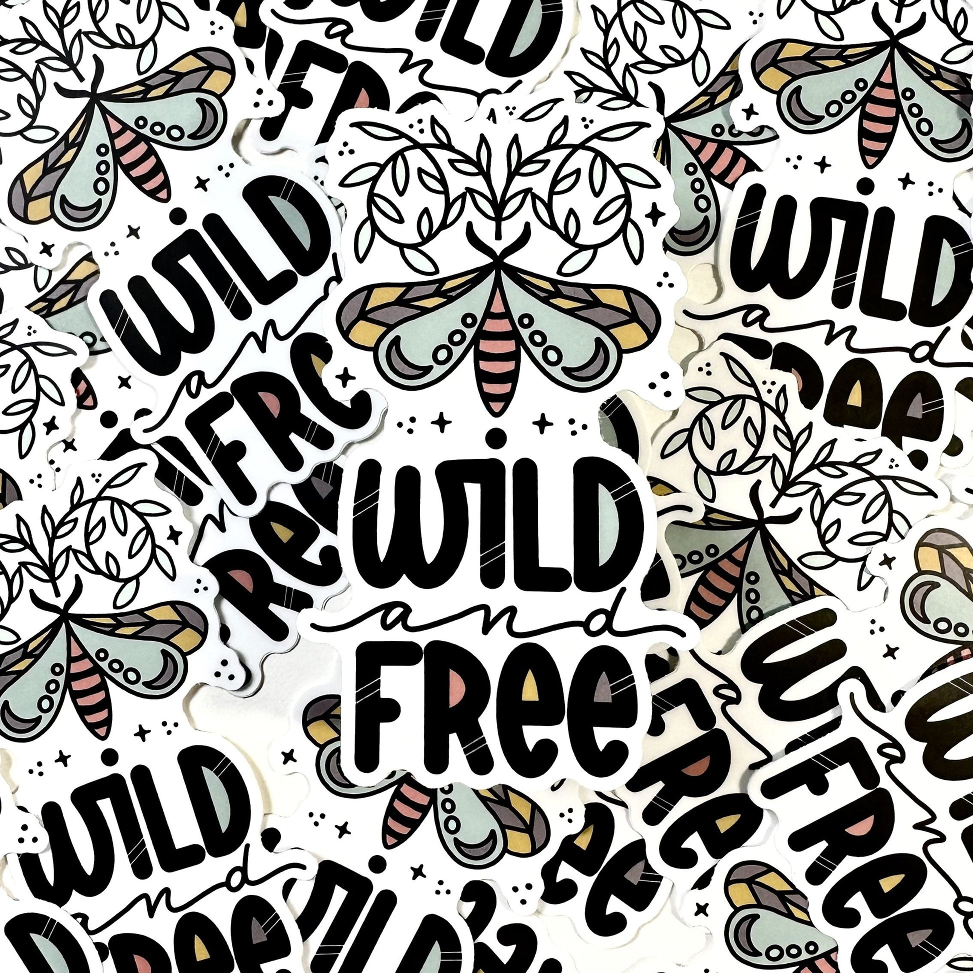 Pattern with text 'Wild and Free' and stylized moths on a light background