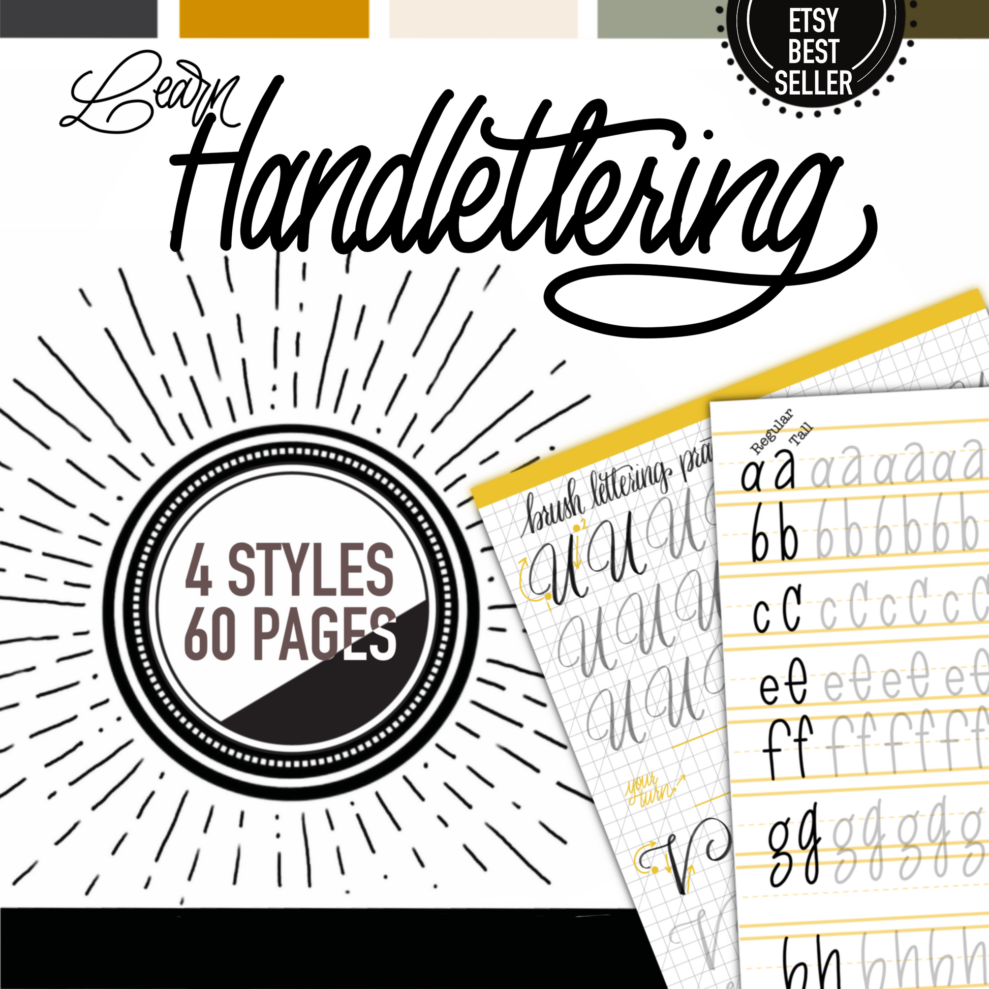 Handlettering practice book with sample pages and text 'Learn Handlettering 4 Styles 60 Pages' on a white background.