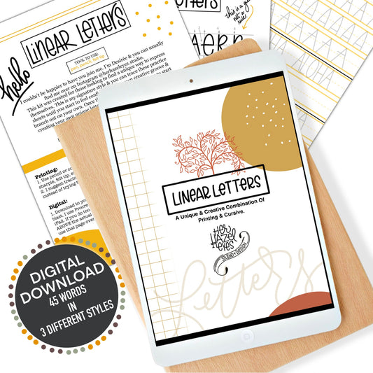 Cover of Linear Letters Hand Lettering Guide with printable and digital lettering practice sheets