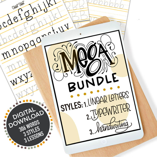 Mega Hand Lettering Bundle cover featuring 3 lettering styles for Procreate or printable use – over 300 words to trace and practice