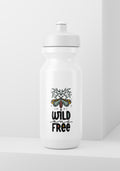 White water bottle with a bee illustration and 'Wild and Free' text on a white background