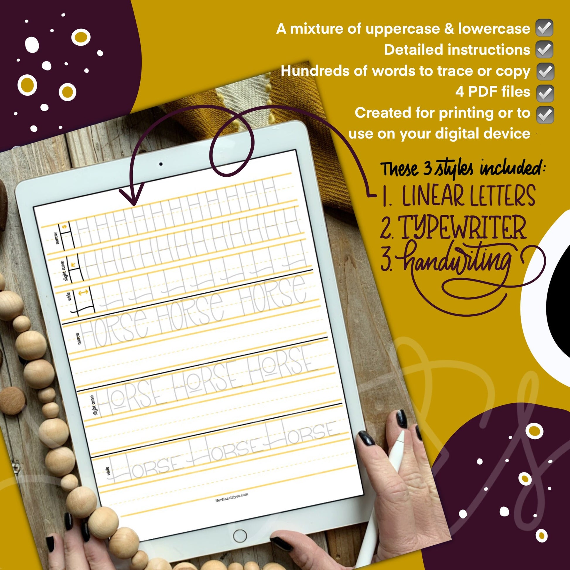 Practice worksheet showing multiple variations of the letter A in different hand lettering styles for guided practice