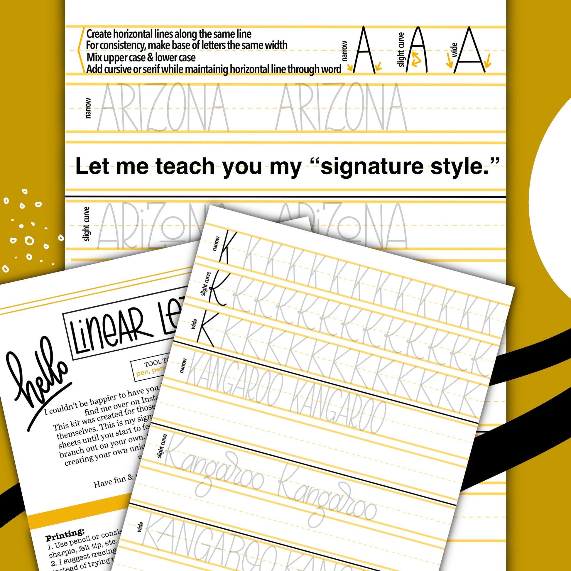 Lettering practice page showing how cursive and print styles blend in Linear Lettering