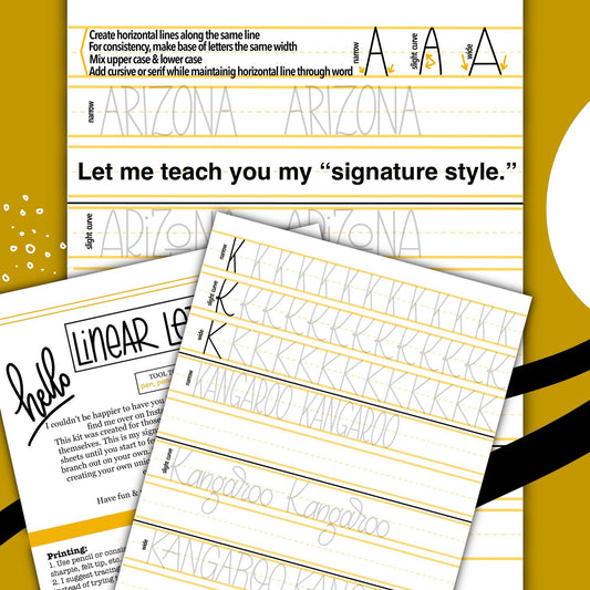 Lettering practice page showing how cursive and print styles blend in Linear Lettering