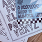 Lettering workbook open to whimsical alphabet examples and lined practice sheets
