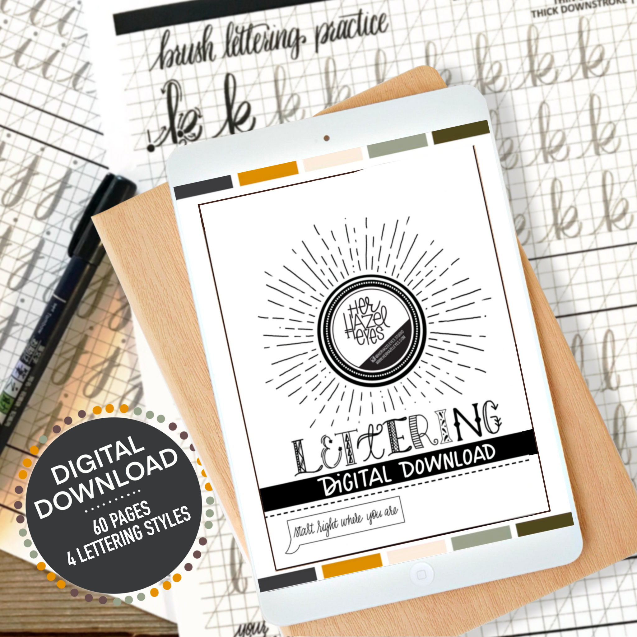 Cover of The Interactive Lettering Toolkit featuring 4 hand lettering styles for beginners and intermediate artists