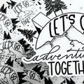 Black and white illustration with 'Let's go on an adventure together' text and nature elements.