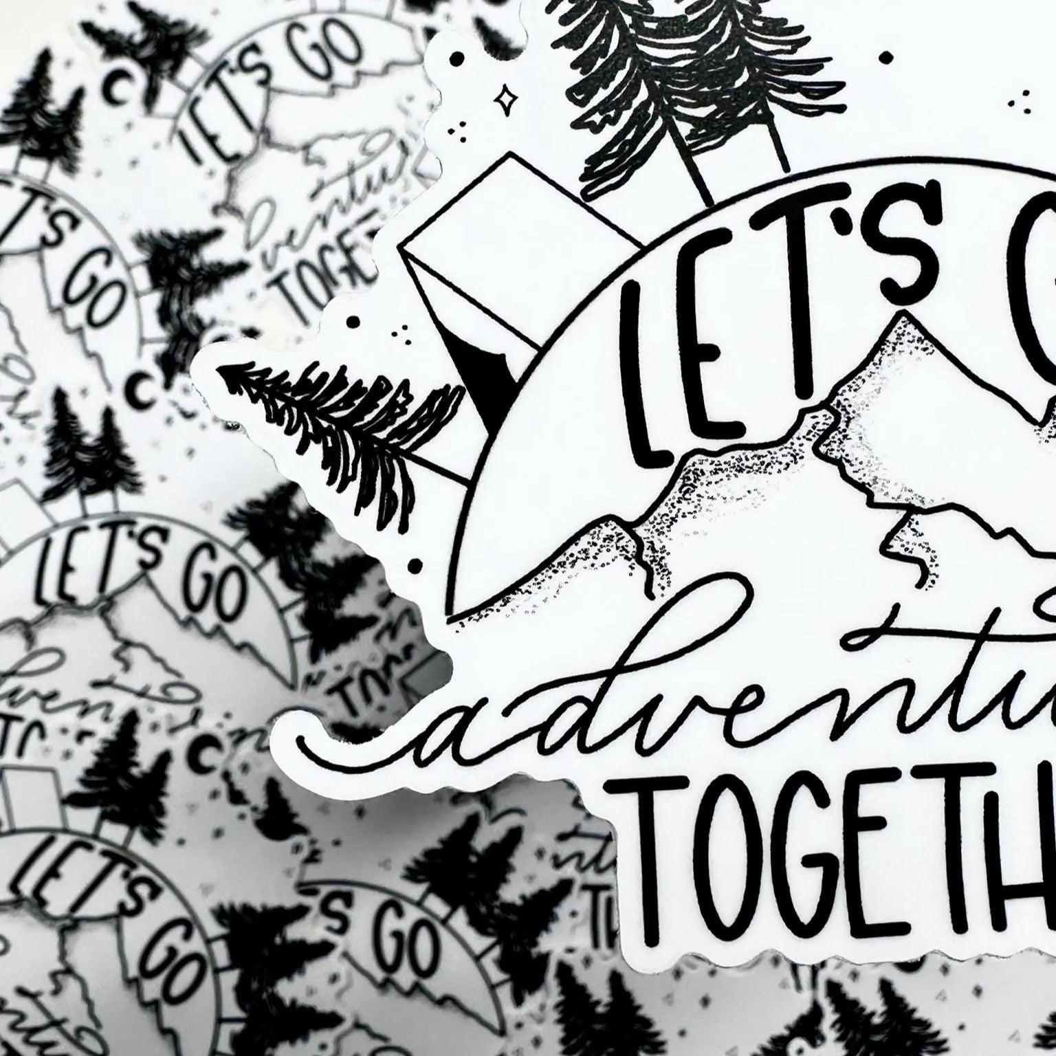 Black and white illustration with 'Let's go on an adventure together' text and nature elements.