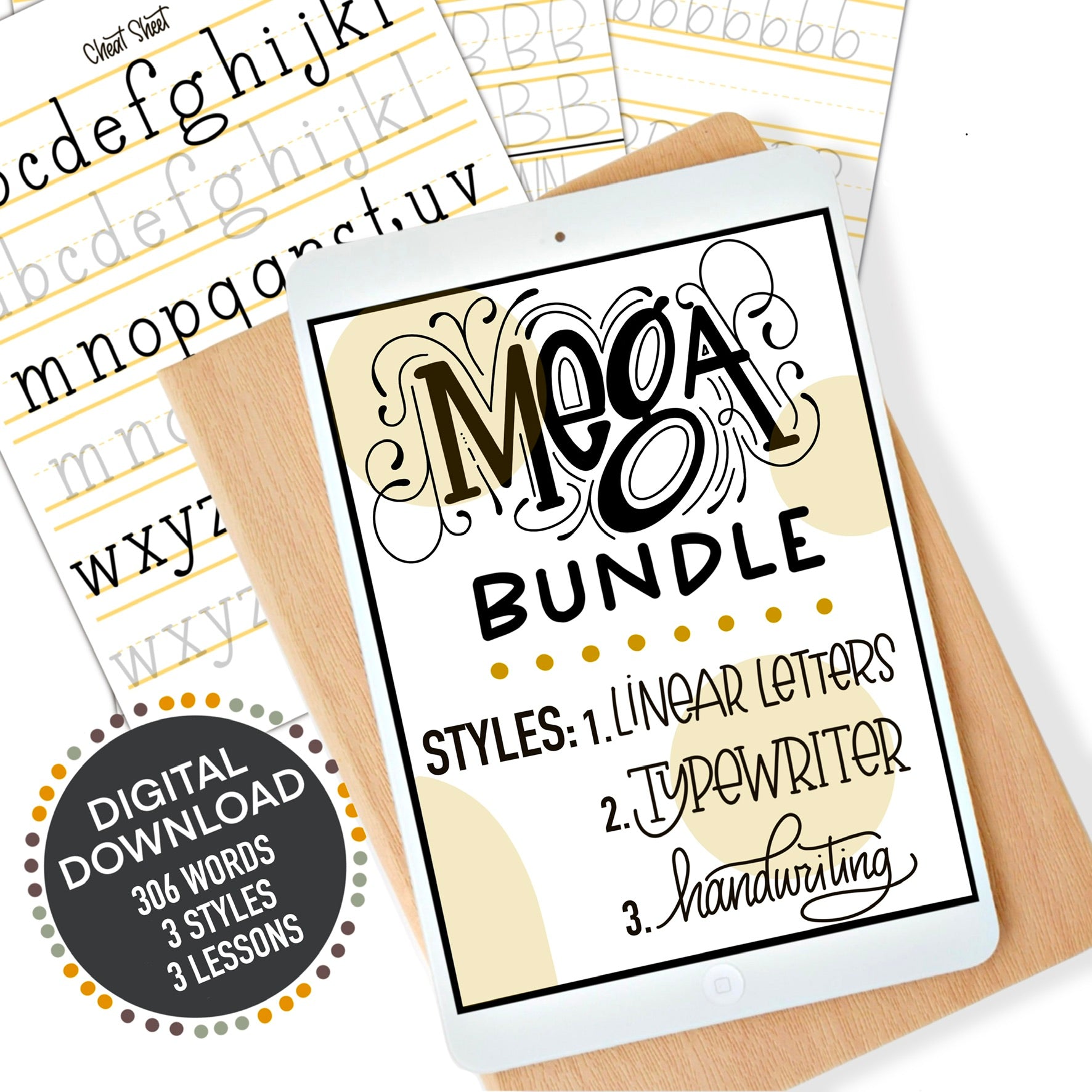 Mega Hand Lettering Bundle cover featuring 3 lettering styles for Procreate or printable use – over 300 words to trace and practice