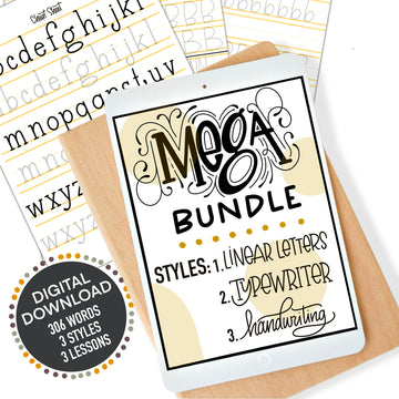 Mega Hand Lettering Bundle cover featuring 3 lettering styles for Procreate or printable use – over 300 words to trace and practice