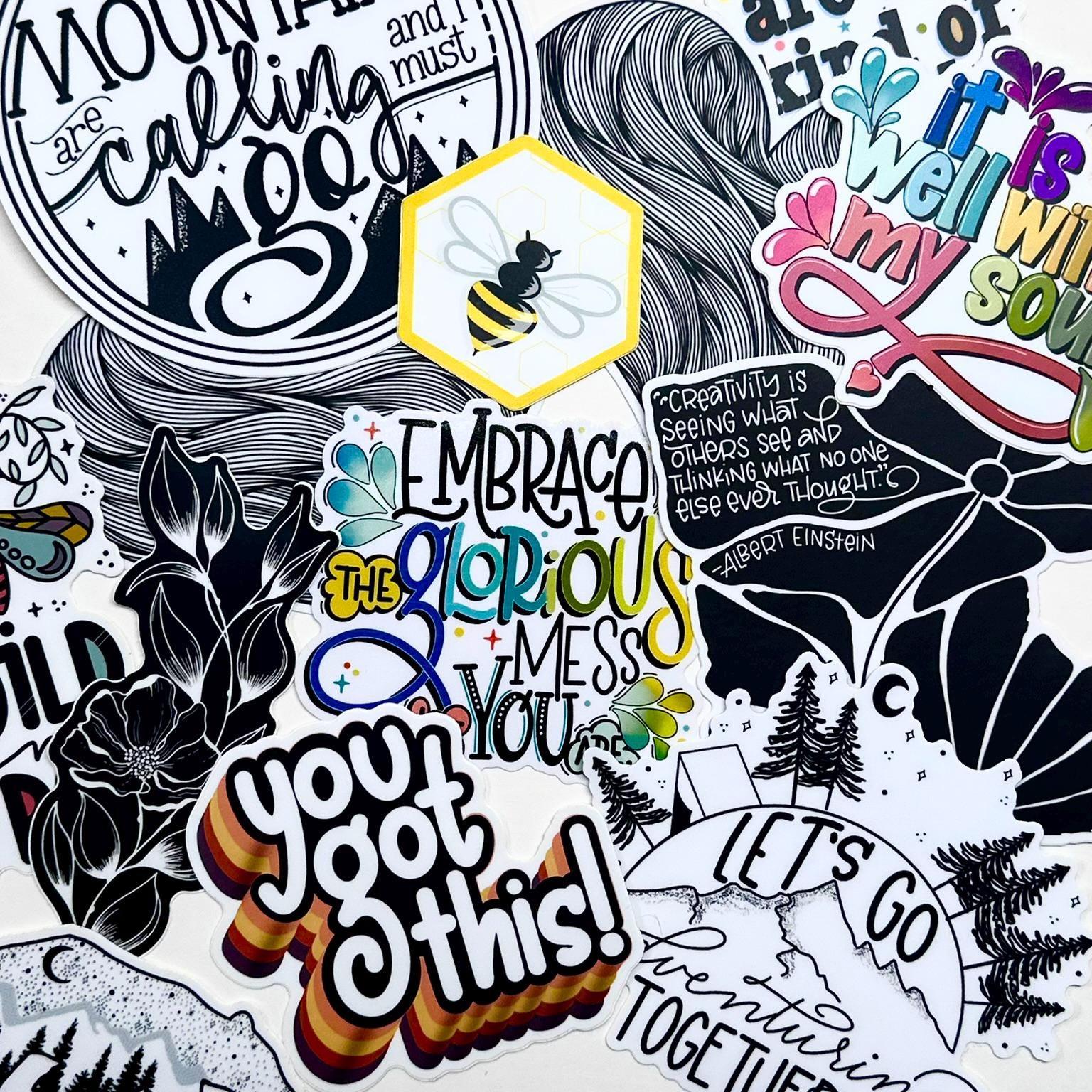 Collection of motivational stickers with various designs and text.