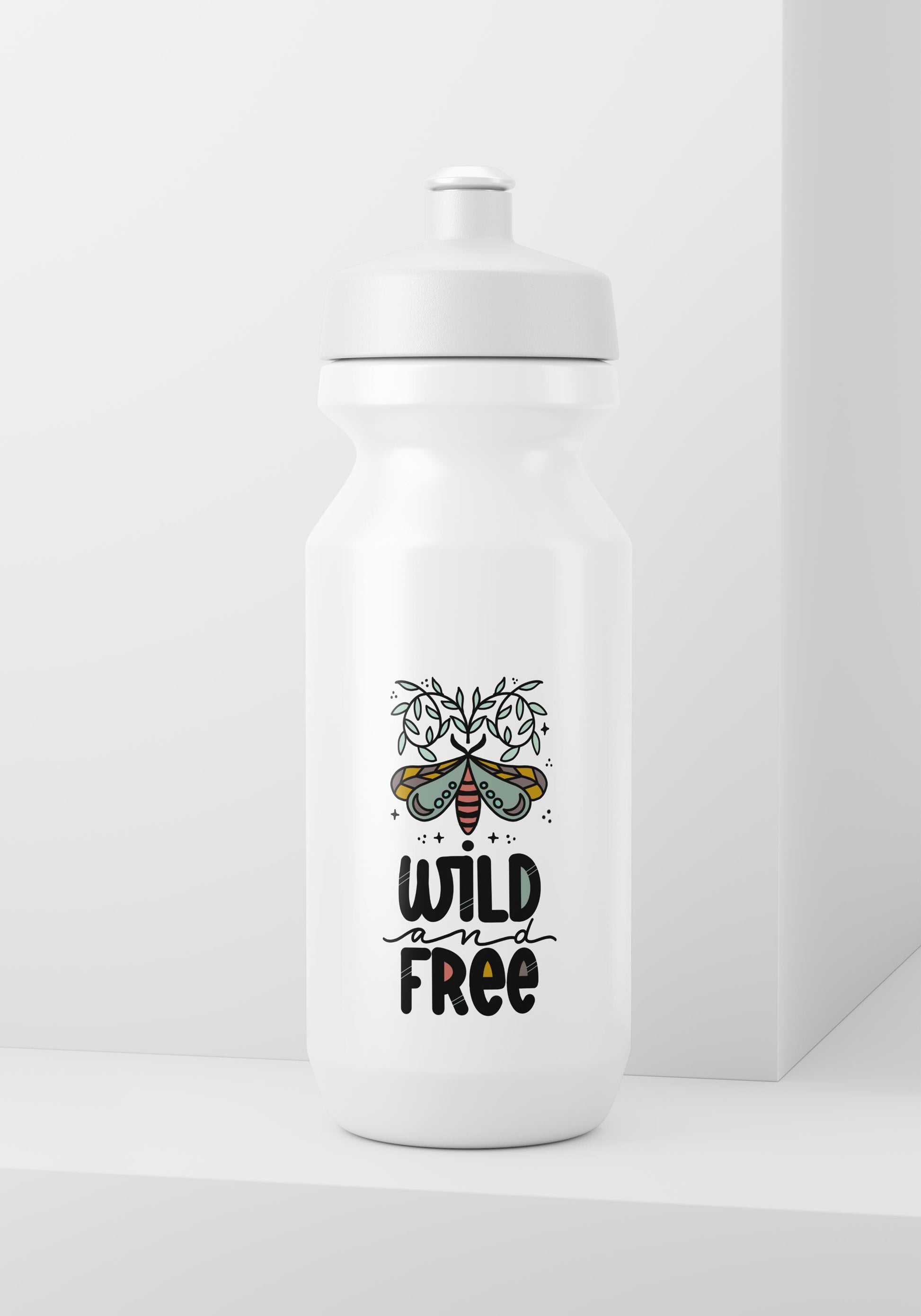 White water bottle with a bee illustration and 'Wild and Free' text on a white background