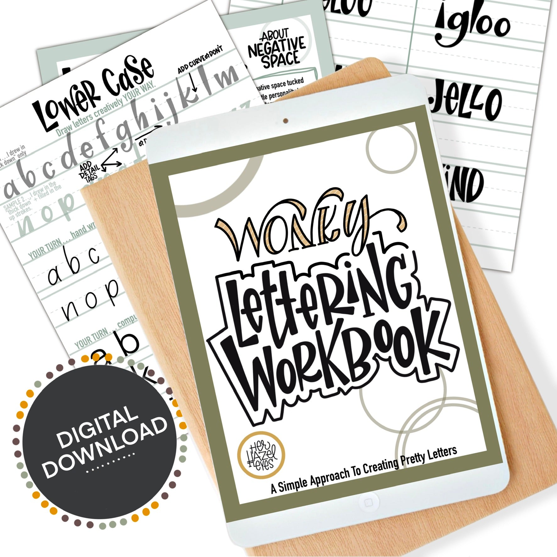 Wonky Letters cover featuring playful block lettering worksheets for beginners using print or iPad