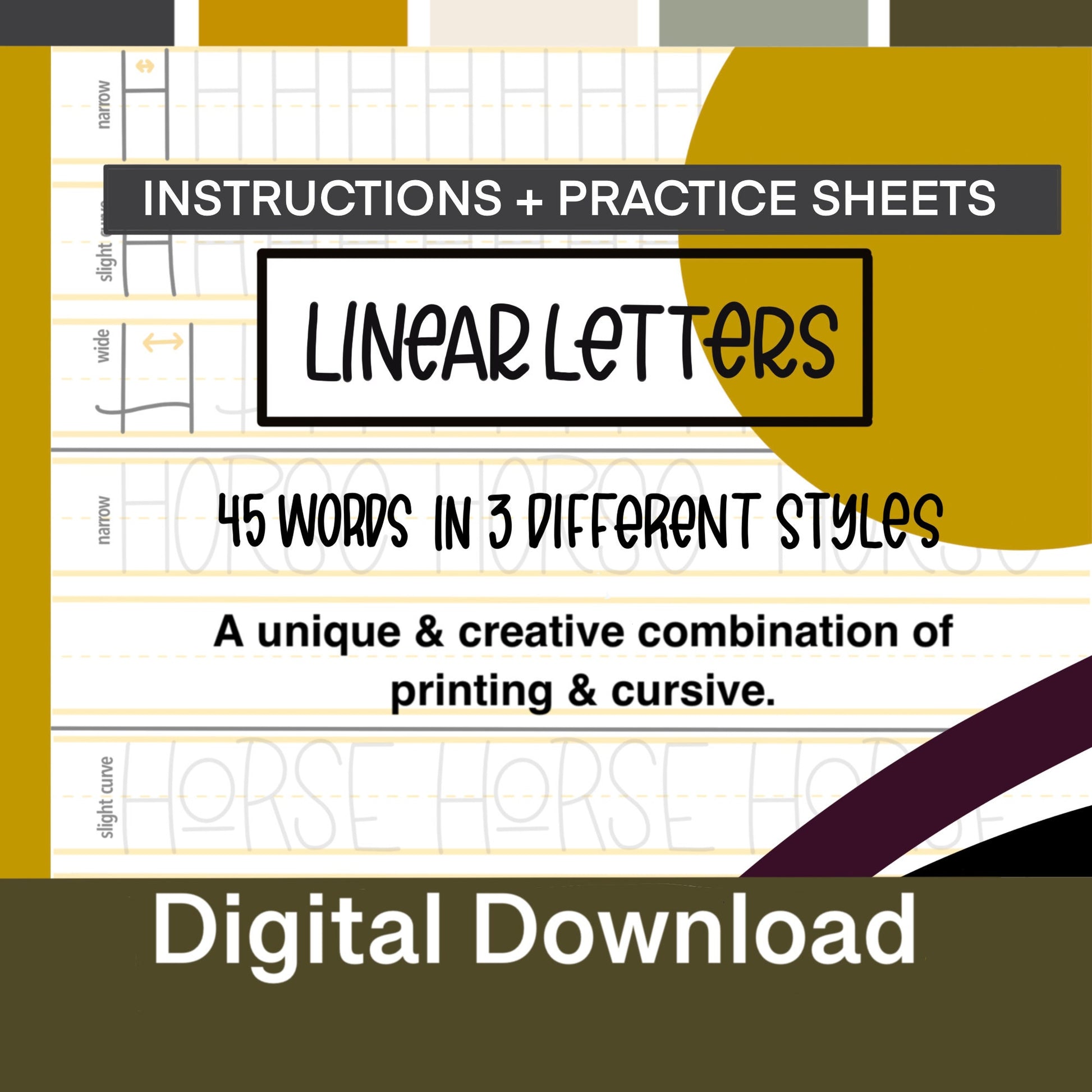 Uppercase alphabet in Linear Lettering style with traceable guides for beginners