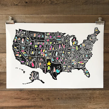 PRINTABLE, DIGITAL United States Map, Art Folk Art Hand Lettered Poster Illustration