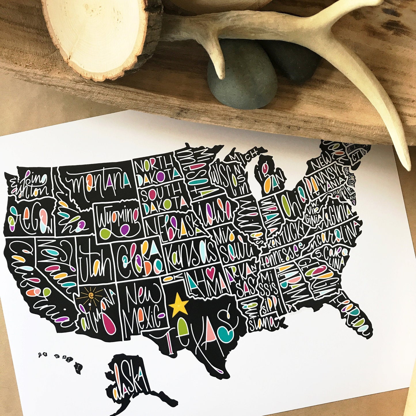 PRINTABLE, DIGITAL United States Map, Art Folk Art Hand Lettered Poster Illustration